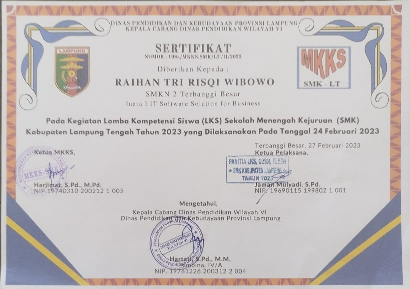 Piagam Juara I — IT Software Solution for Business — LKS SMK Kabupaten Lampung Tengah 2023