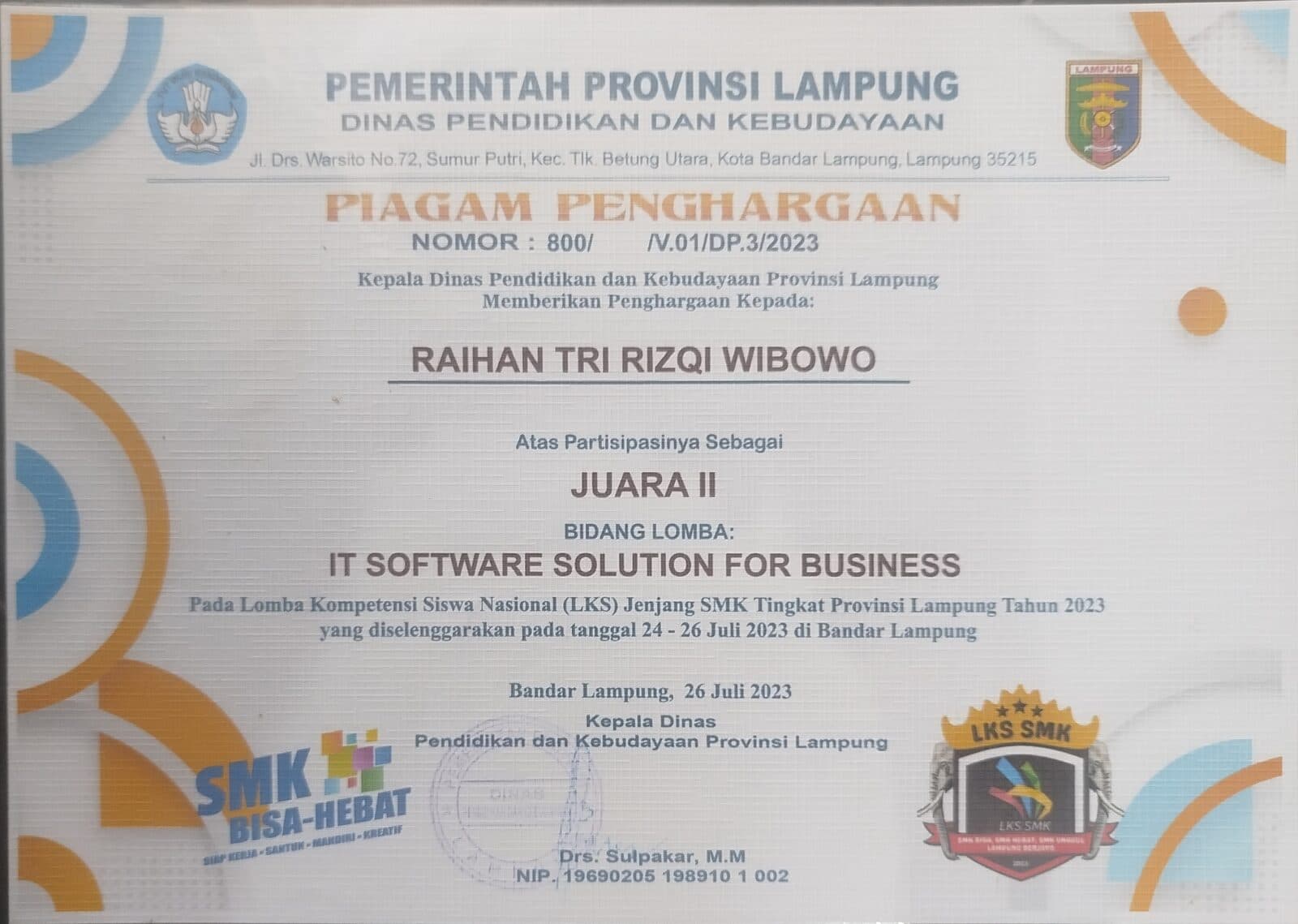 Piagam Juara II — IT Software Solution for Business — LKS SMK Tingkat Provinsi Lampung 2023
