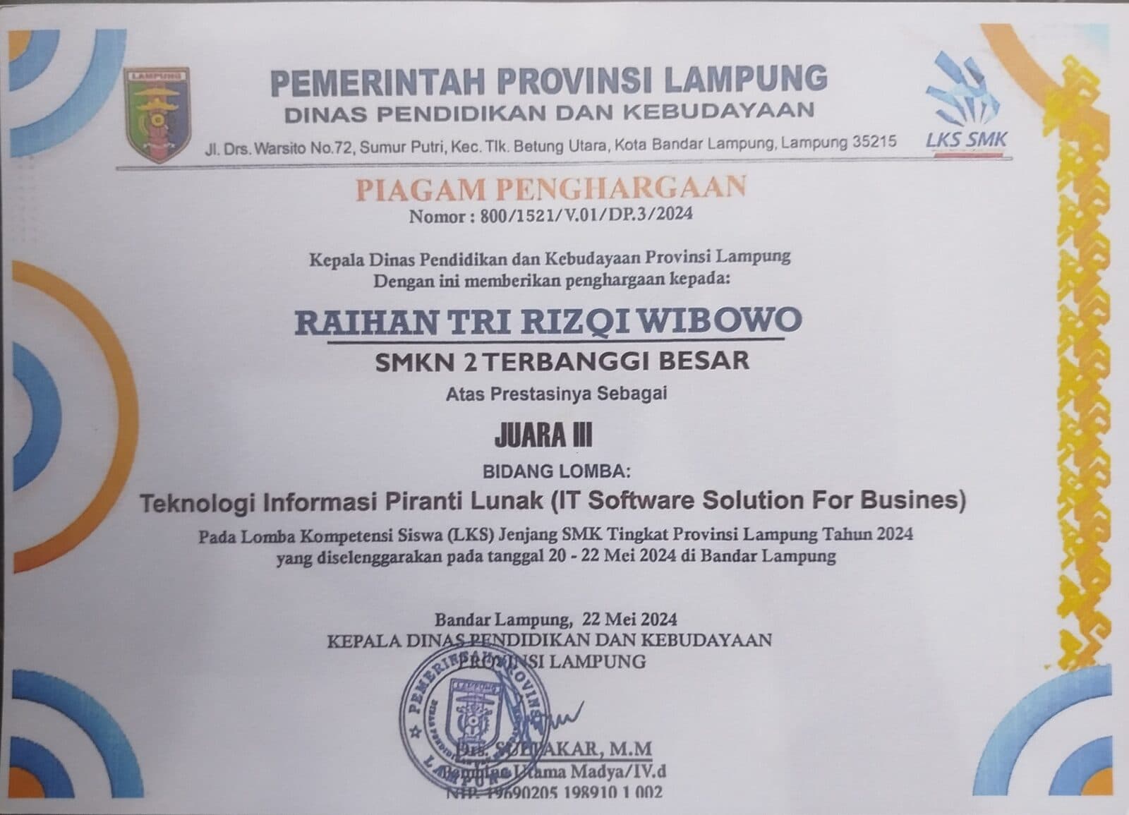 Piagam Juara III — IT Software Solution for Business — LKS SMK Tingkat Provinsi Lampung 2024